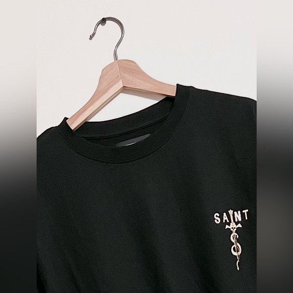 Saint Morta Men Large Black Graphic Jersey T-Shirt Cotton Short Sleeve Black - Picture 2 of 5